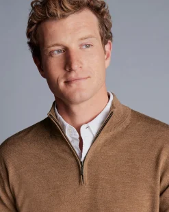 Quarter Zip Sweaters|Sweaters<Charles Tyrwhitt Merino Quarter Zip Sweater - Sand