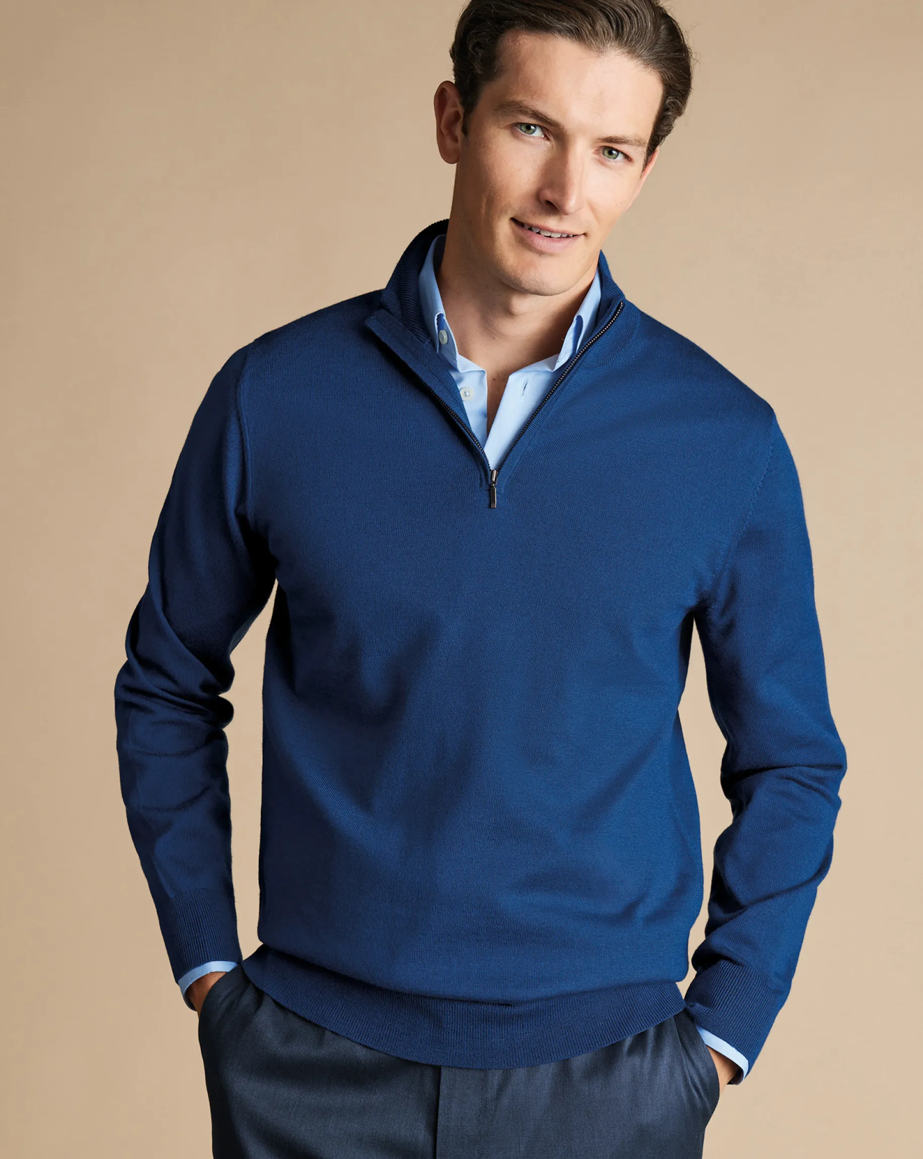 Quarter Zip Sweaters|Sweaters<Charles Tyrwhitt Merino Quarter Zip Sweater - Ocean Blue
