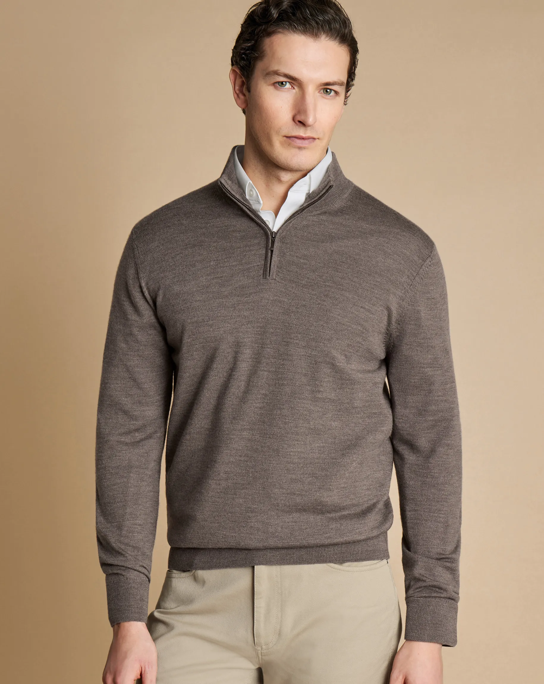 Brown Sweaters|Quarter Zip Sweaters<Charles Tyrwhitt Merino Quarter Zip Sweater - Mocha