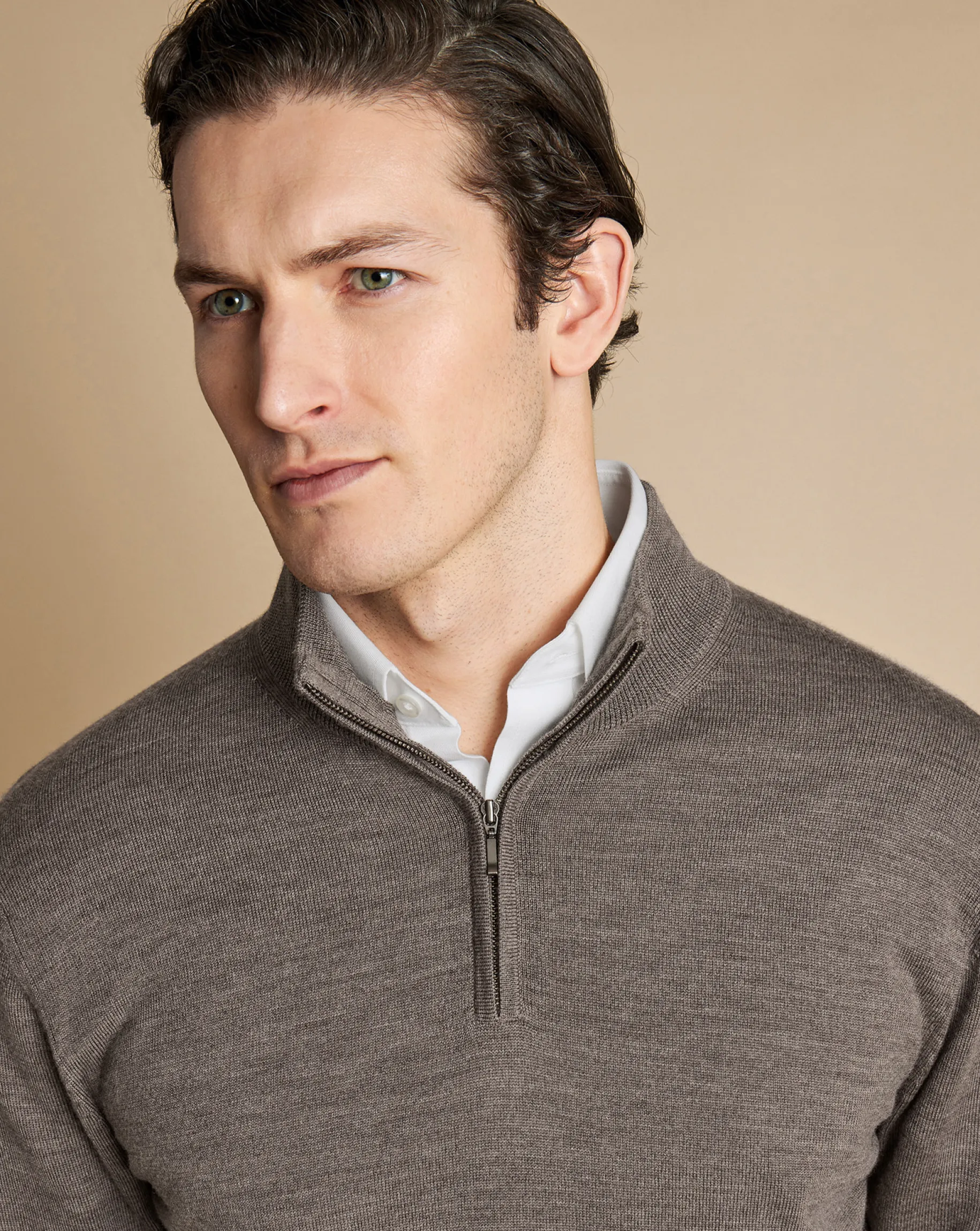 Brown Sweaters|Quarter Zip Sweaters<Charles Tyrwhitt Merino Quarter Zip Sweater - Mocha