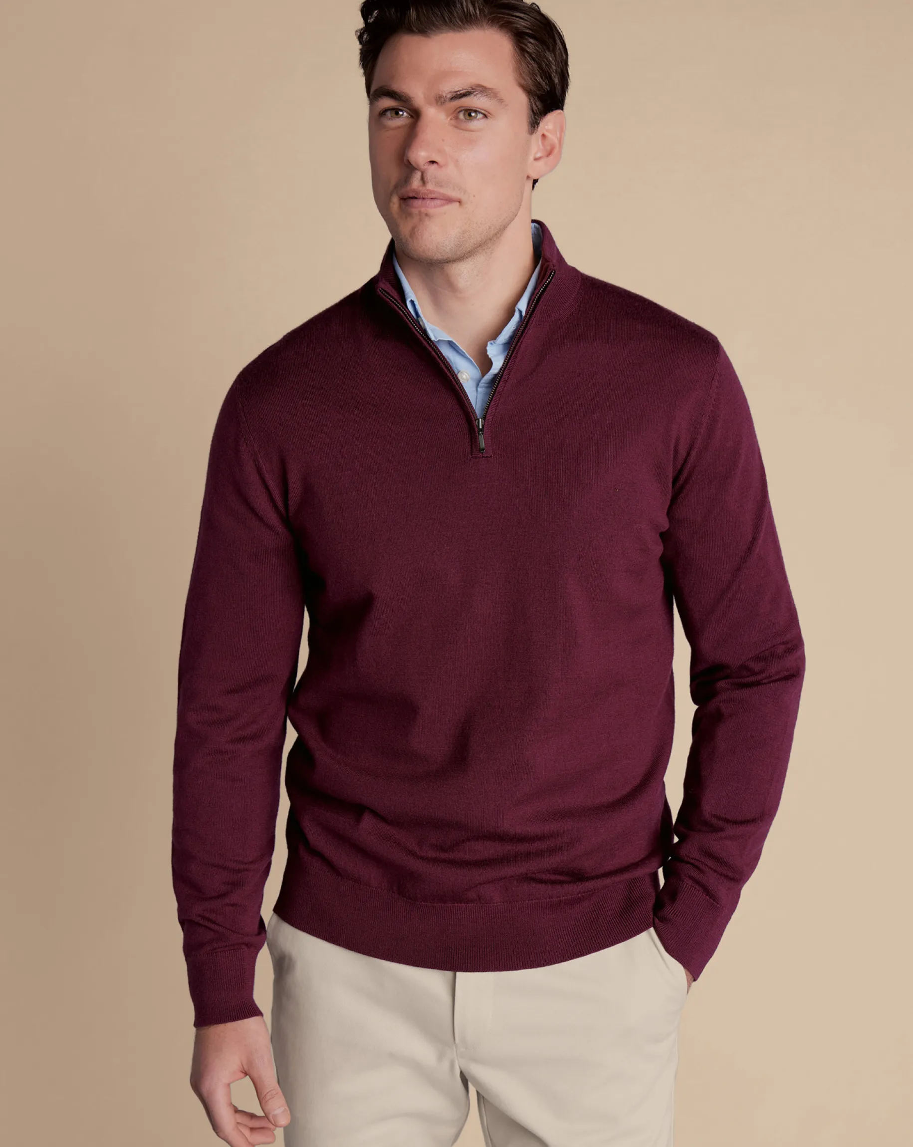 Seasonal Looks|Golf Collection<Charles Tyrwhitt Merino Quarter Zip Sweater - Burgundy