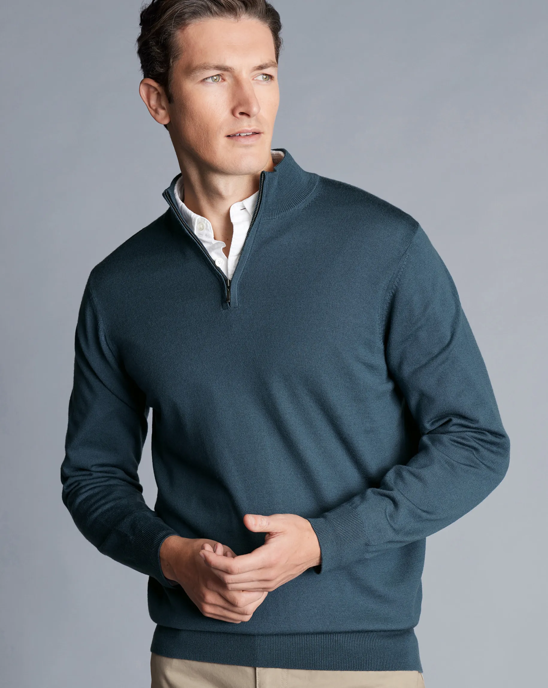 Quarter Zip Sweaters|Sweaters<Charles Tyrwhitt Merino Quarter Zip Sweater - Petrol Blue