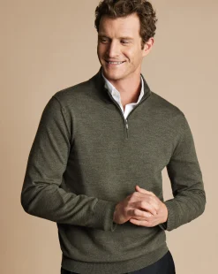 Quarter Zip Sweaters|Sweaters<Charles Tyrwhitt Merino Quarter Zip Sweater - Green Melange Olive