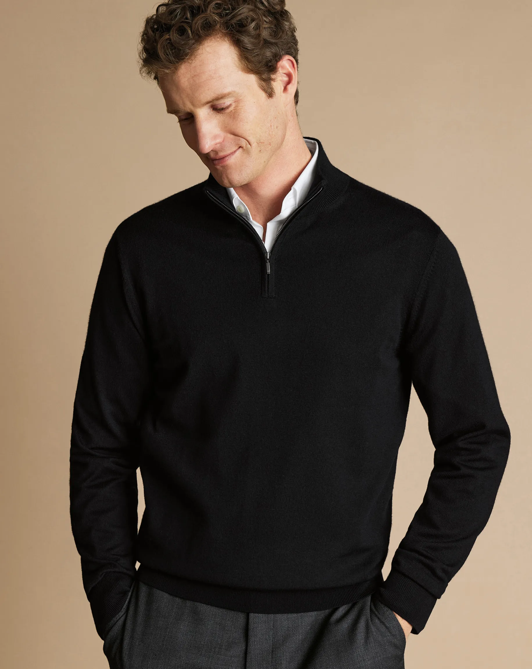 Black Sweaters|Quarter Zip Sweaters<Charles Tyrwhitt Merino Quarter Zip Sweater - Black