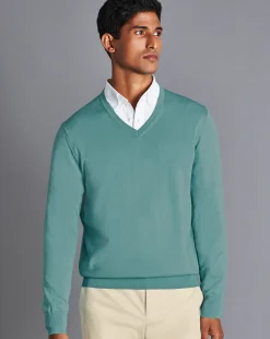 Sweaters<Charles Tyrwhitt Merino V-Neck Sweater - Green Aqua