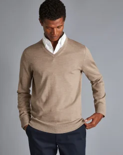 Sweaters<Charles Tyrwhitt Merino V-Neck Sweater - Oatmeal