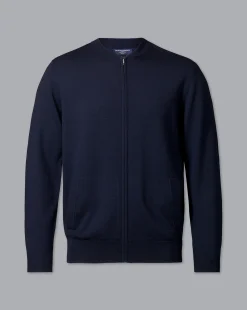 Blue Sweaters|Cardigans<Charles Tyrwhitt Merino Zip Through Bomber Jacket - Navy