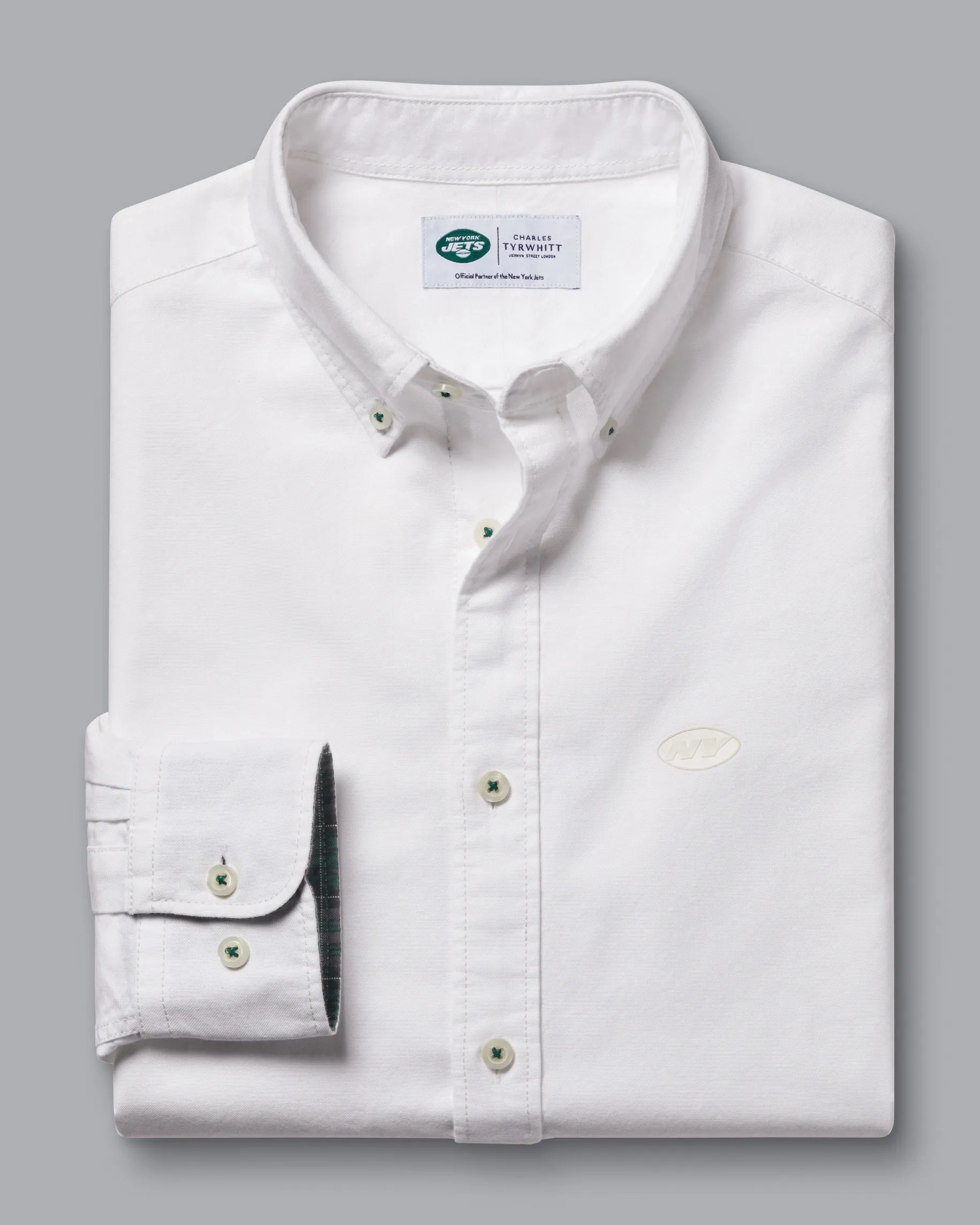 Casual Shirts|White Shirts<Charles Tyrwhitt New York Jets Button-Down Collar Washed Oxford Shirt - White