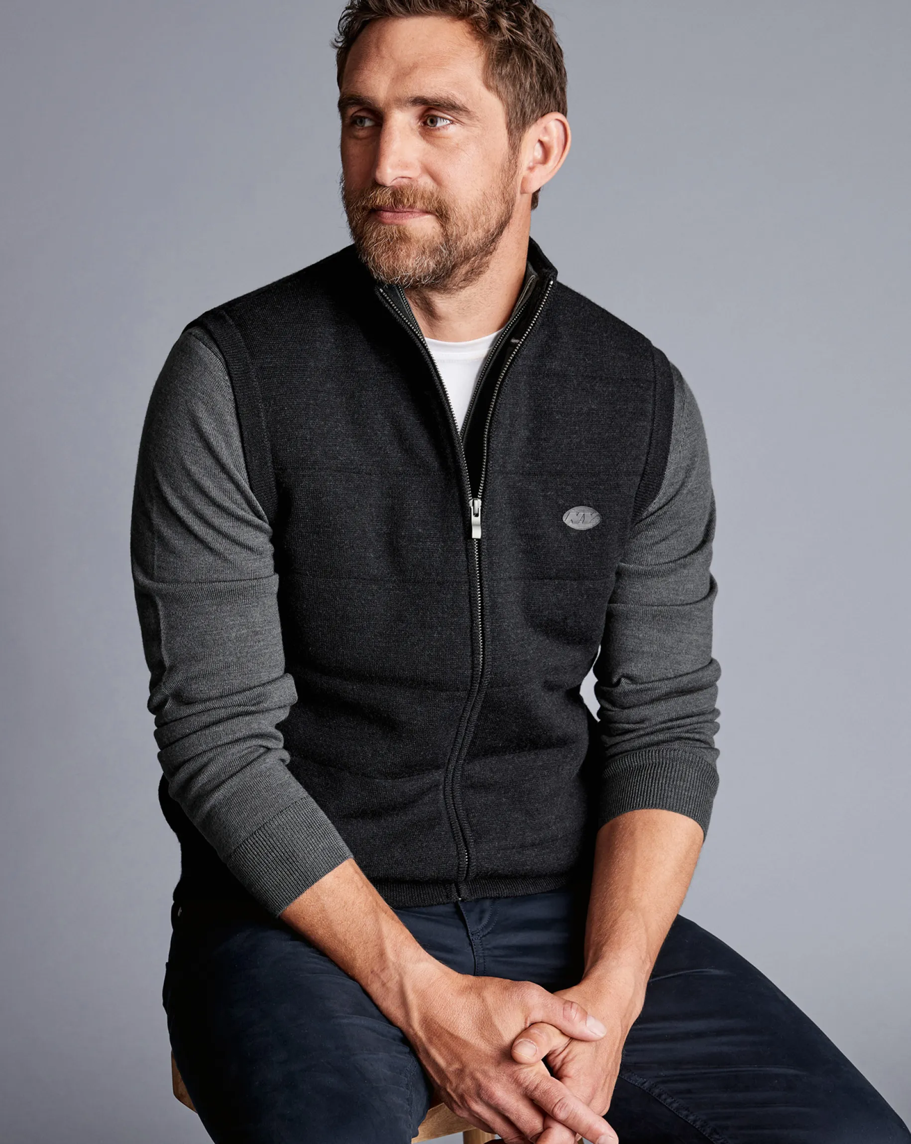 Vests|Merino Sweaters<Charles Tyrwhitt New York Jets Merino Padded Front Vest - Dark Charcoal