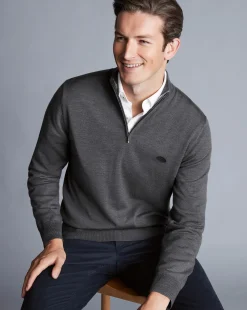 Quarter Zip Sweaters|Sweaters<Charles Tyrwhitt New York Jets Merino Quarter Zip Sweater - Grey