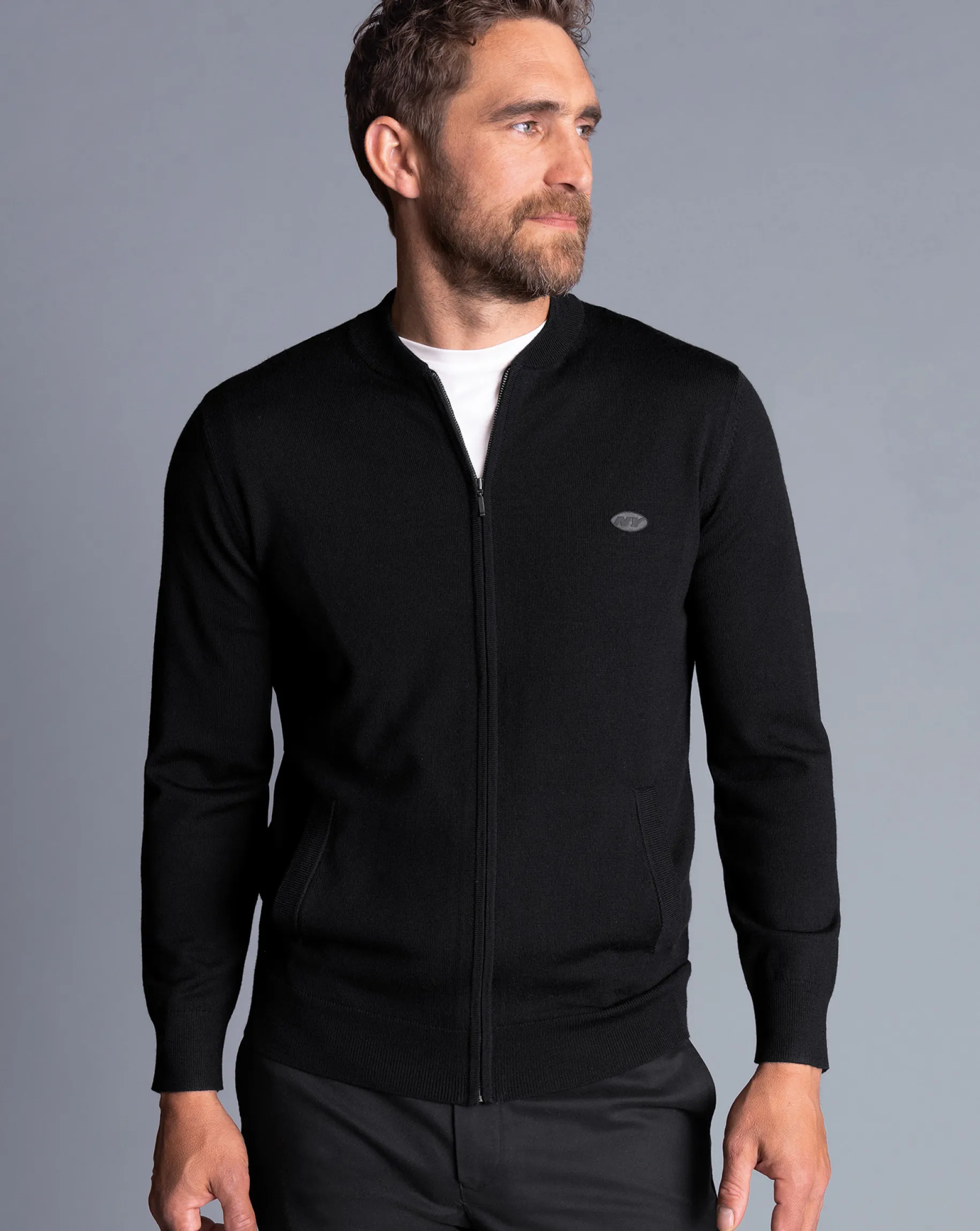 Black Sweaters|Cardigans<Charles Tyrwhitt New York Jets Merino Zip Through Bomber - Black