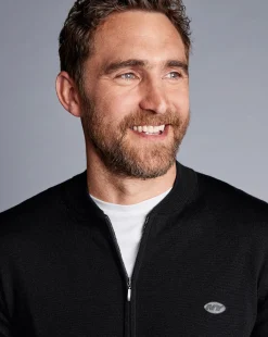 Black Sweaters|Cardigans<Charles Tyrwhitt New York Jets Merino Zip Through Bomber - Black
