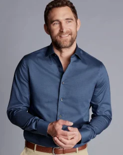 Business Casual Shirts|Dress Shirts<Charles Tyrwhitt Non-Iron Diamond Stretch Texture Shirt - Denim Blue