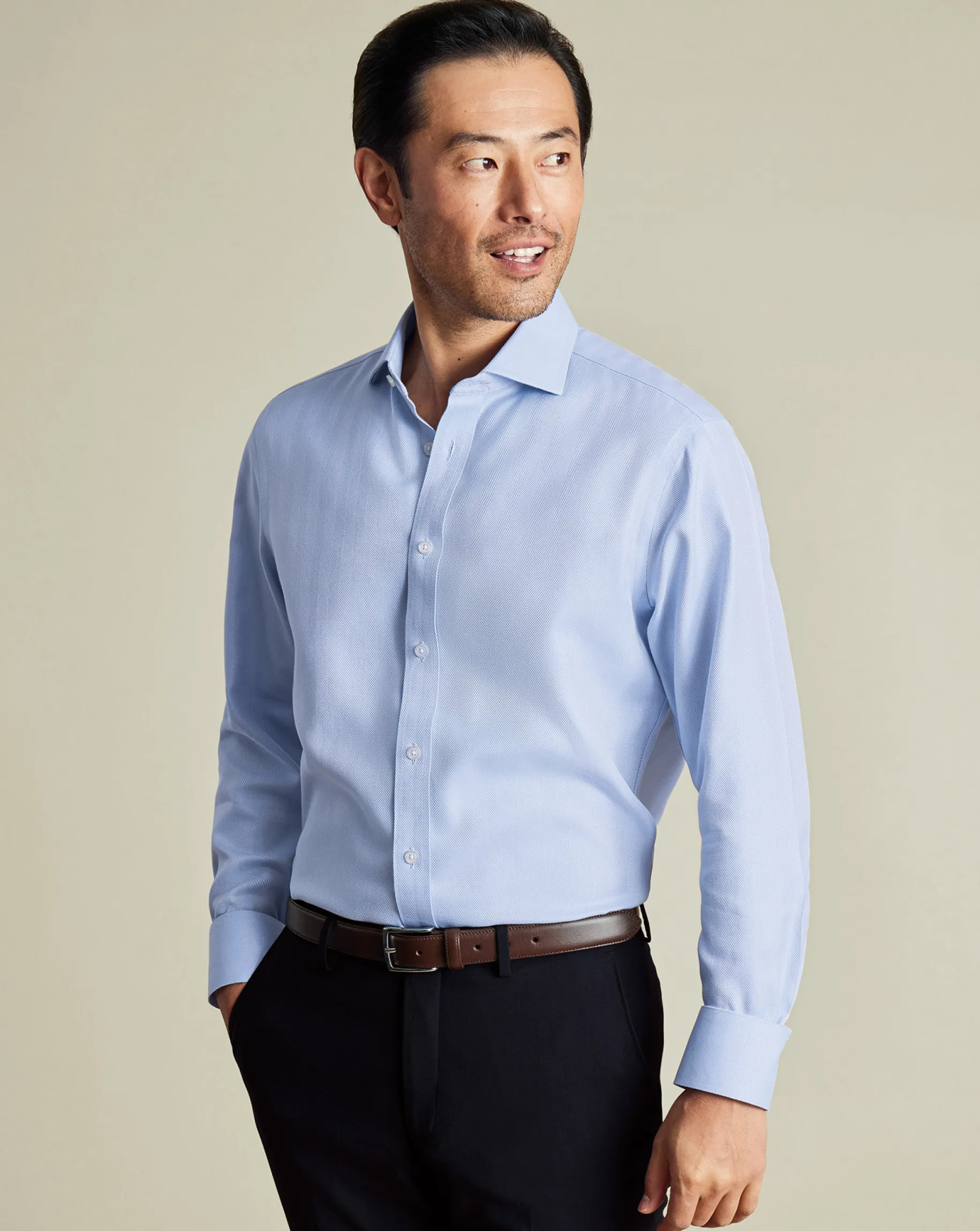 Dress Shirts|Classic Fit Shirts<Charles Tyrwhitt Non-Iron Herringbone Shirt - Blue Sky