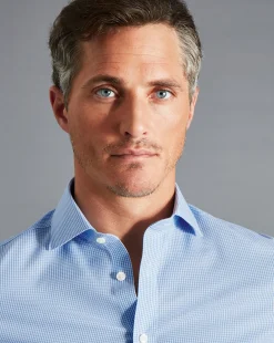 Dress Shirts|Check Shirts<Charles Tyrwhitt Non-Iron Mini Gingham Check Shirt - Cornflower Blue