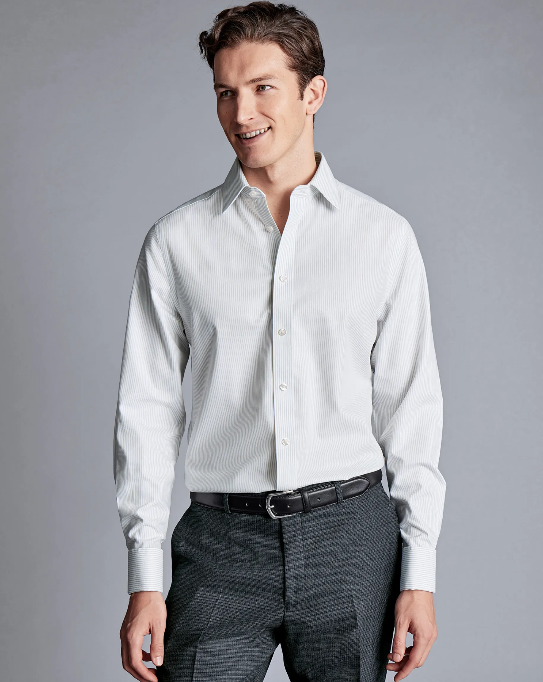 Dress Shirts|XL<Charles Tyrwhitt Non-Iron Oxford Stripe Shirt - Silver Grey