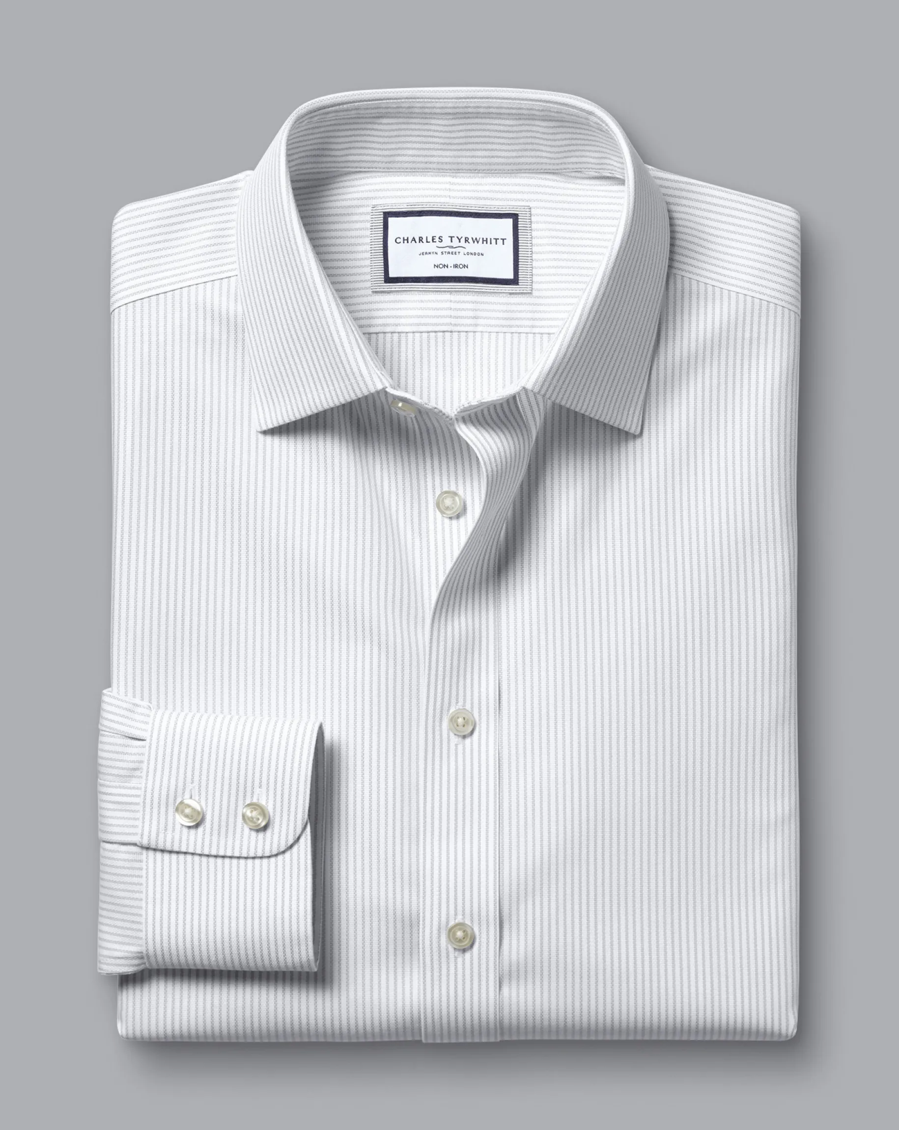 Dress Shirts|XL<Charles Tyrwhitt Non-Iron Oxford Stripe Shirt - Silver Grey