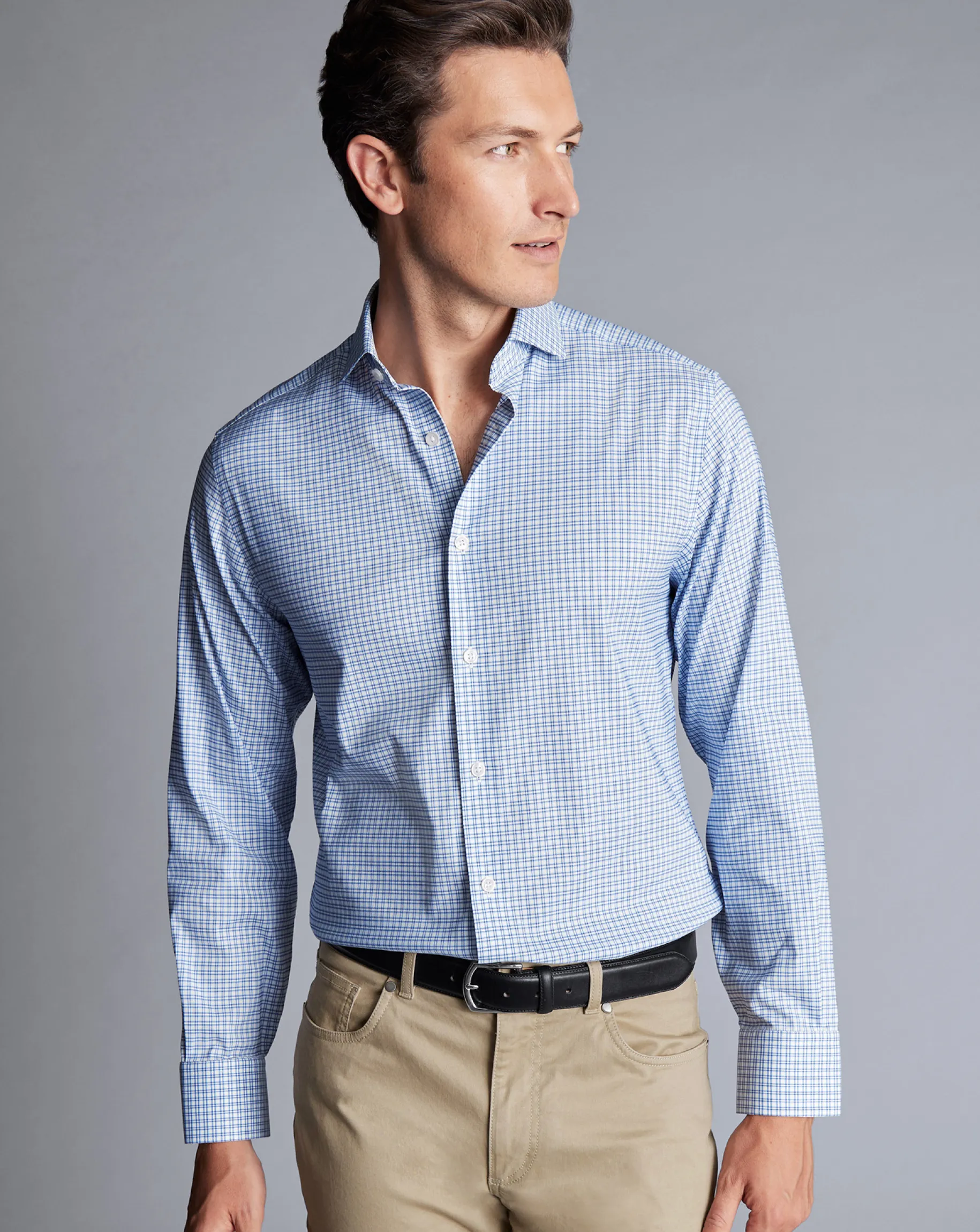 Business Casual Shirts|Dress Shirts<Charles Tyrwhitt Non-Iron Stretch Twill Grid Check Shirt - Ocean Blue