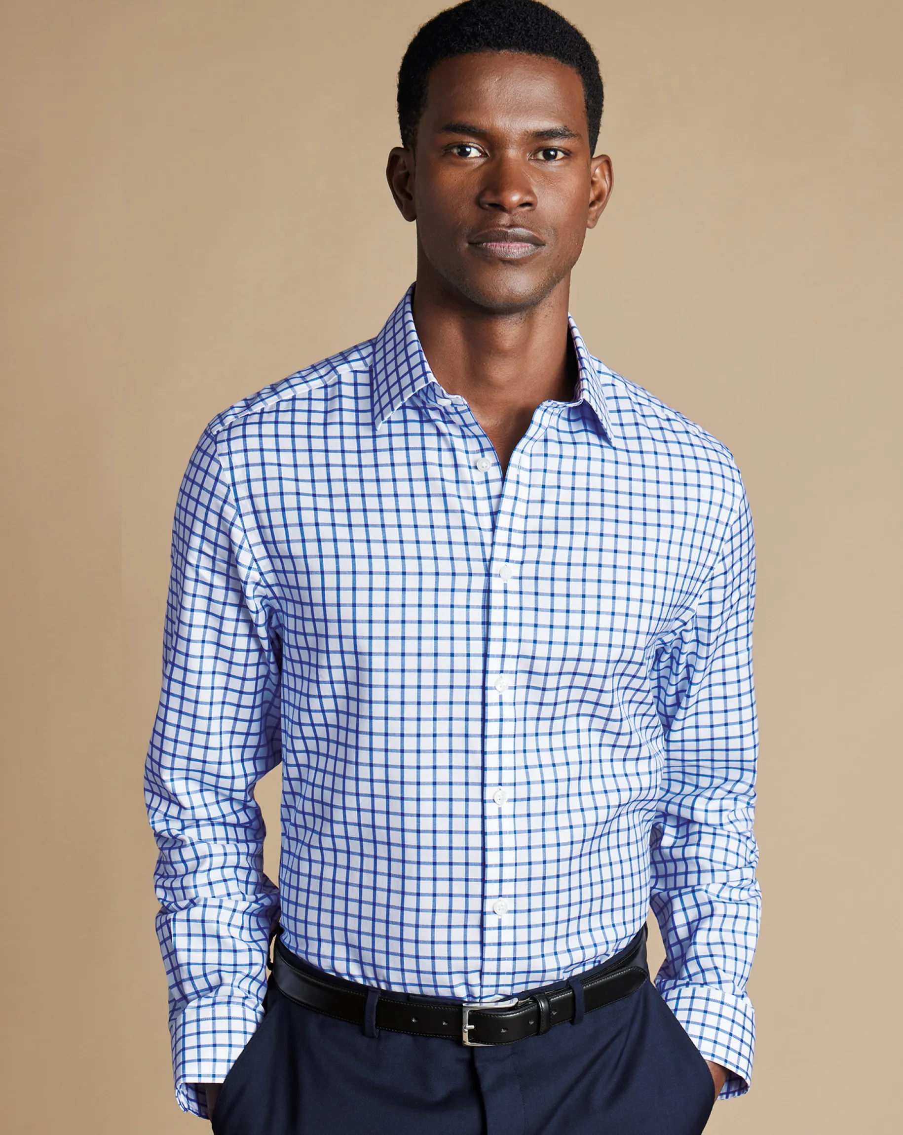 Dress Shirts|Check Shirts<Charles Tyrwhitt Non-Iron Twill Grid Check Shirt - Cobalt Blue