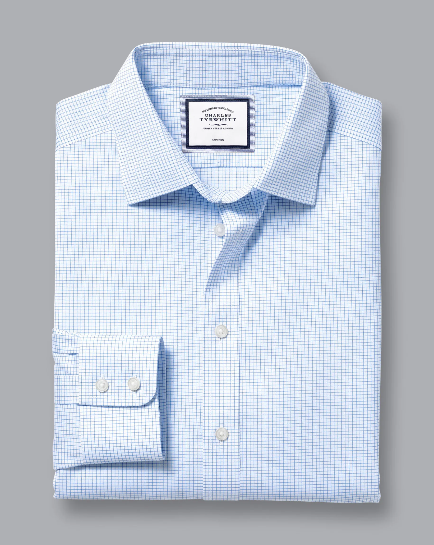 Dress Shirts|Blue Shirts<Charles Tyrwhitt Non-Iron Twill Mini Grid Check Shirt - Cornflower Blue