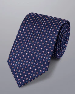 Ties & Bow-ties<Charles Tyrwhitt Petrol Blue & Pink Stain Resistant Mini Floral Silk Tie Petrol Blue & Pink