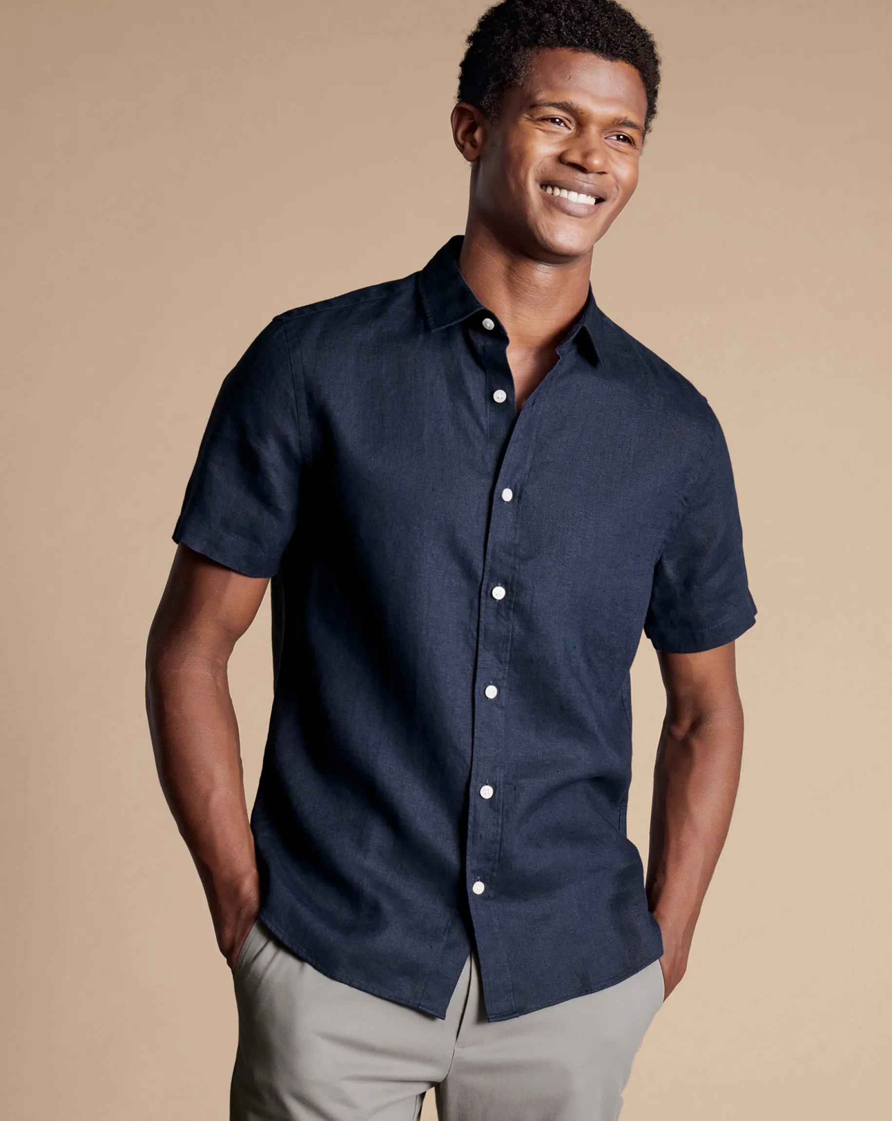 Short Sleeve Shirts|Casual Shirts<Charles Tyrwhitt Pure Linen Short Sleeve Shirt - Navy
