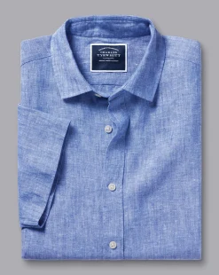 Short Sleeve Shirts|Casual Shirts<Charles Tyrwhitt Pure Linen Short Sleeve Shirt - Cobalt Blue
