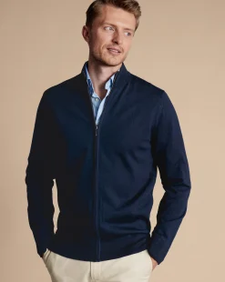 Golf Collection|Blue Sweaters<Charles Tyrwhitt Pure Merino Full Zip-Through Cardigan - Navy