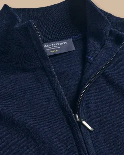 Golf Collection|Blue Sweaters<Charles Tyrwhitt Pure Merino Full Zip-Through Cardigan - Navy