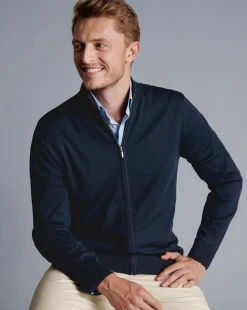Golf Collection|Blue Sweaters<Charles Tyrwhitt Pure Merino Full Zip-Through Cardigan - Navy