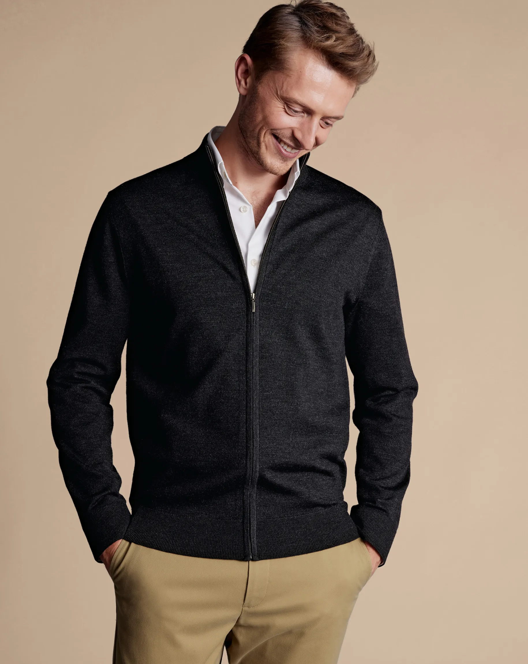 Grey Sweaters|Cardigans<Charles Tyrwhitt Pure Merino Full Zip-Through Cardigan - Grey Charcoal