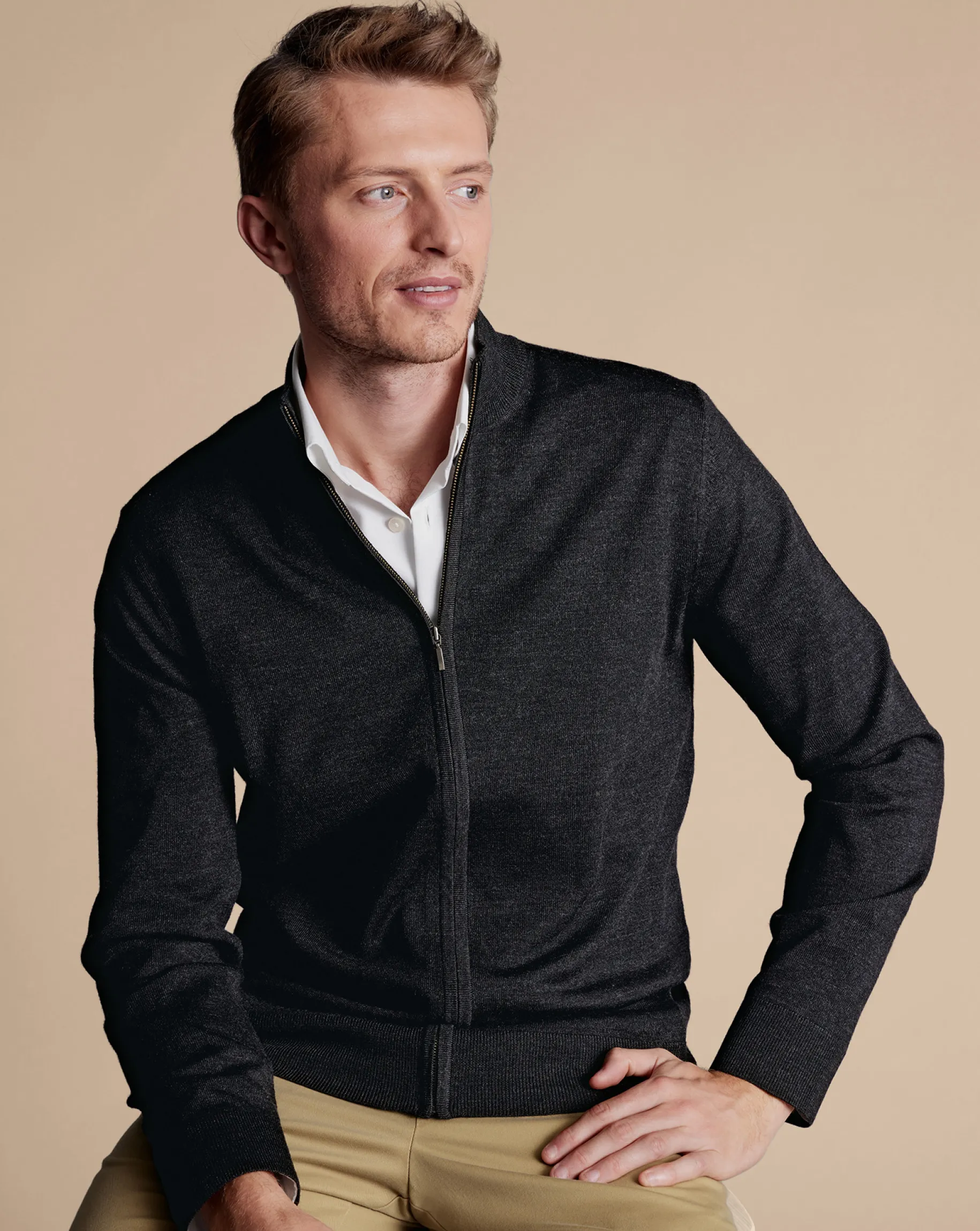 Grey Sweaters|Cardigans<Charles Tyrwhitt Pure Merino Full Zip-Through Cardigan - Grey Charcoal