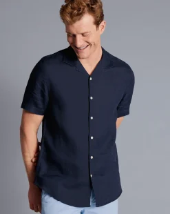 Casual Shirts|S<Charles Tyrwhitt Revere Collar Pure Linen Short Sleeve Shirt - Navy Blue