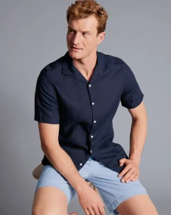 Casual Shirts|S<Charles Tyrwhitt Revere Collar Pure Linen Short Sleeve Shirt - Navy Blue