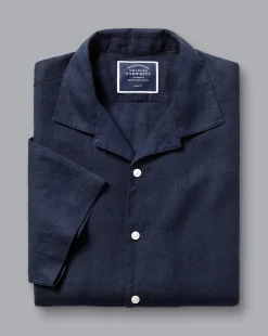 Casual Shirts|S<Charles Tyrwhitt Revere Collar Pure Linen Short Sleeve Shirt - Navy Blue