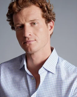 Shirt Sale|Dress Shirts<Charles Tyrwhitt Semi-Spread Collar Egyptian Cotton Twill Double Check Shirt - Ocean Blue