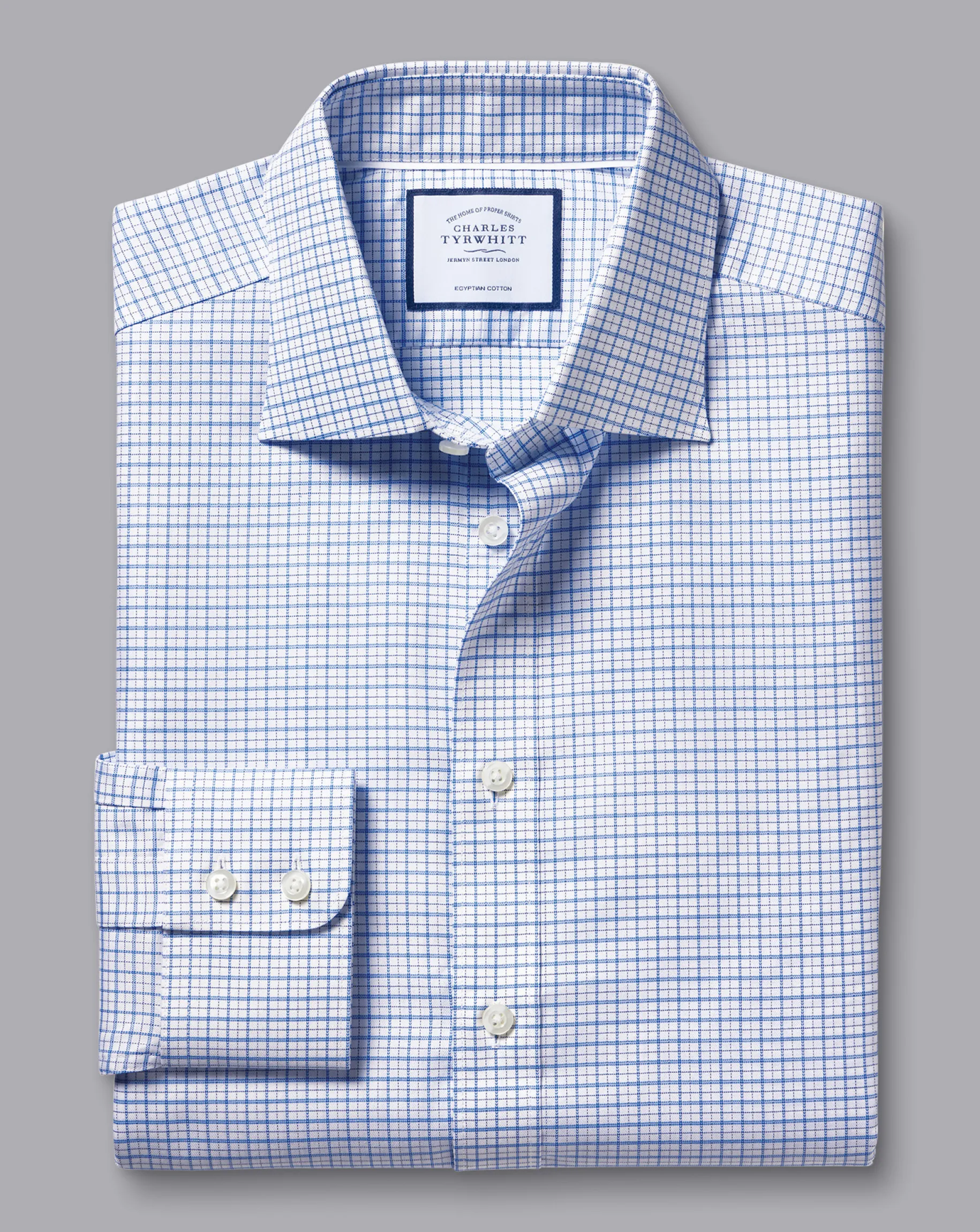 Shirt Sale|Dress Shirts<Charles Tyrwhitt Semi-Spread Collar Egyptian Cotton Twill Double Check Shirt - Ocean Blue