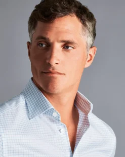 Shirt Sale|Dress Shirts<Charles Tyrwhitt Semi-Spread Collar Egyptian Cotton Twill Twin Check Shirt - Cornflower Blue