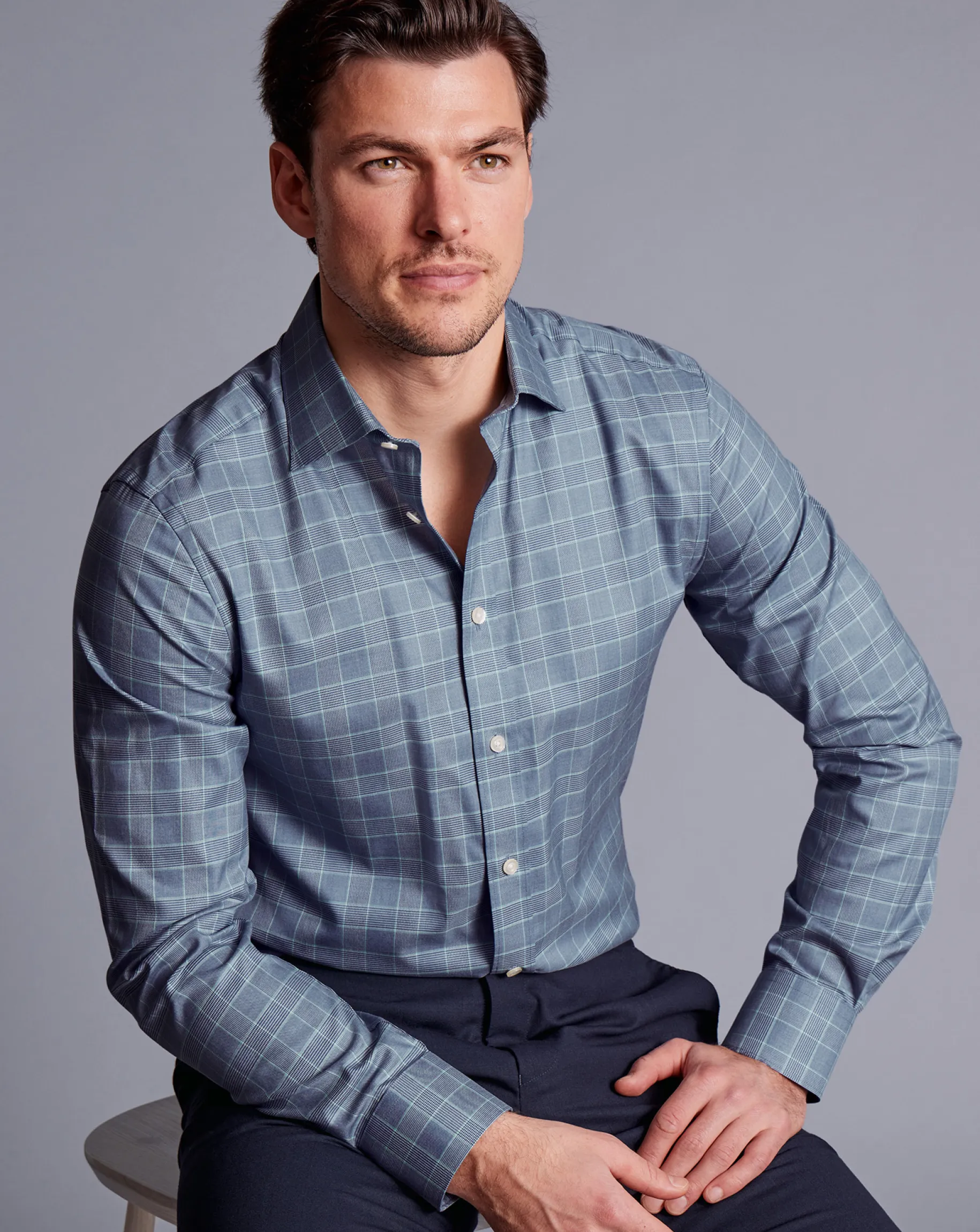 Shirt Sale|Dress Shirts<Charles Tyrwhitt Semi-Spread Collar Egyptian Cotton Twill Prince Of Wales Shirt - Steel Blue