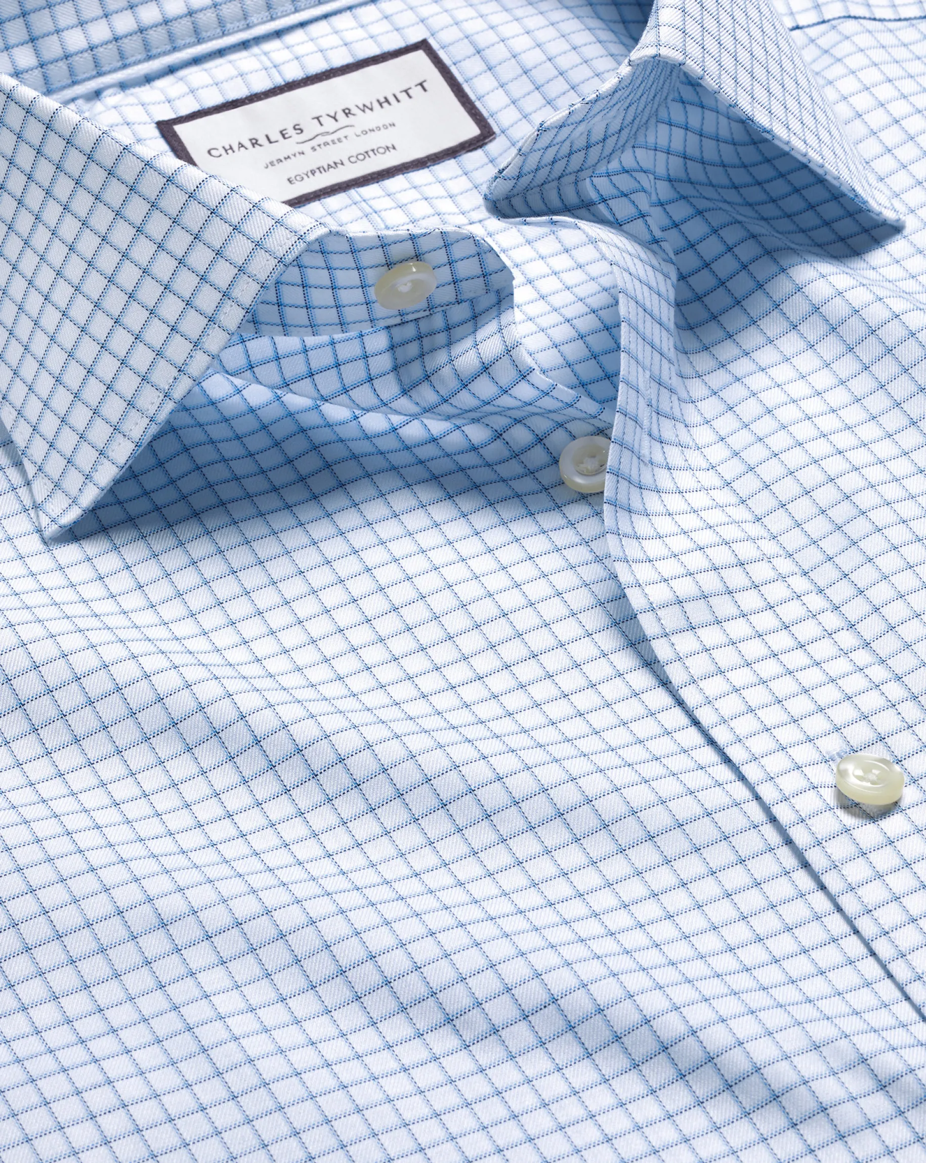 Dress Shirts|XL<Charles Tyrwhitt Semi-Spread Collar Egyptian Cotton Check Shirt - Ocean Blue