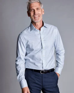Dress Shirts|XL<Charles Tyrwhitt Semi-Spread Collar Egyptian Cotton Check Shirt - Ocean Blue