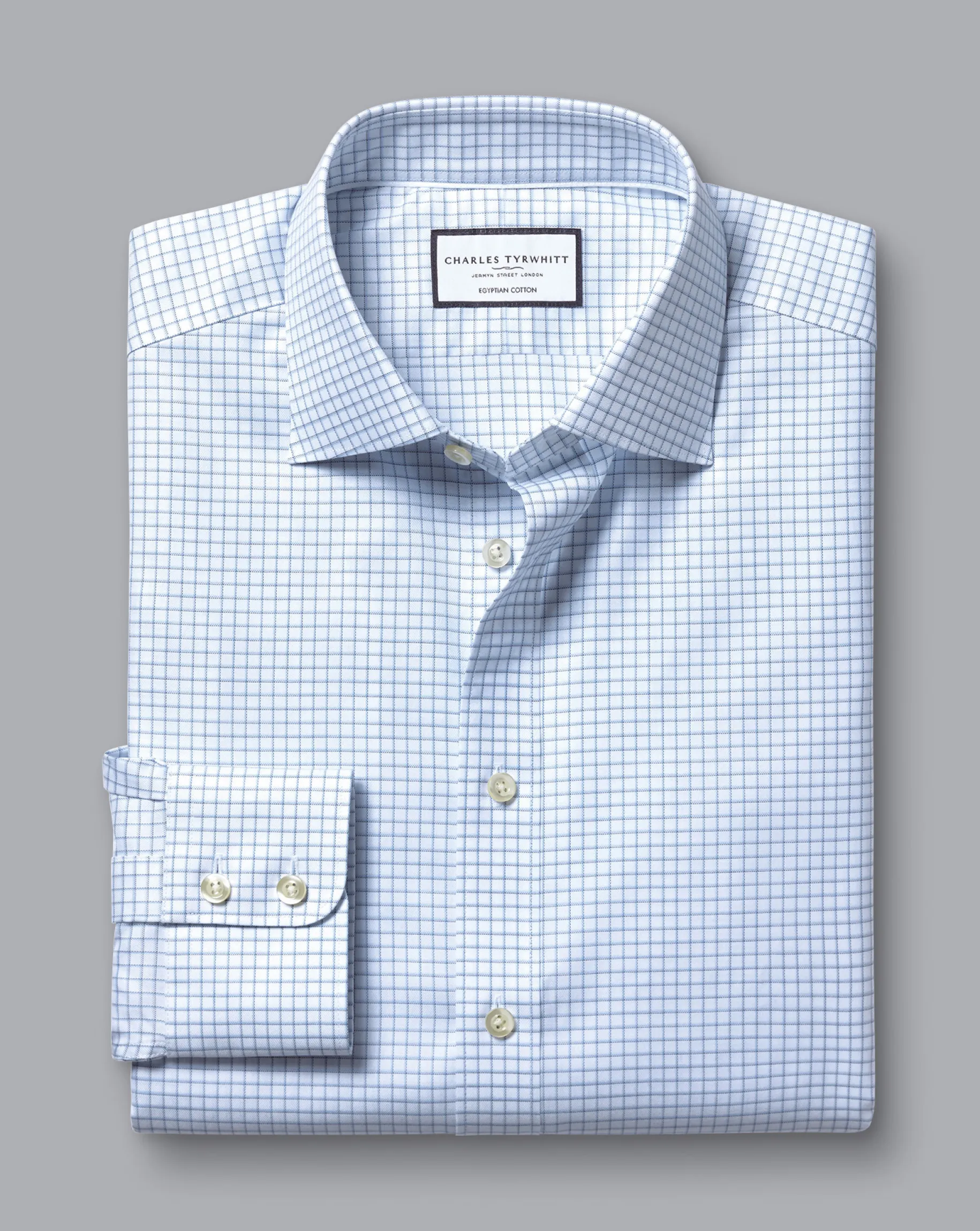 Dress Shirts|XL<Charles Tyrwhitt Semi-Spread Collar Egyptian Cotton Check Shirt - Ocean Blue