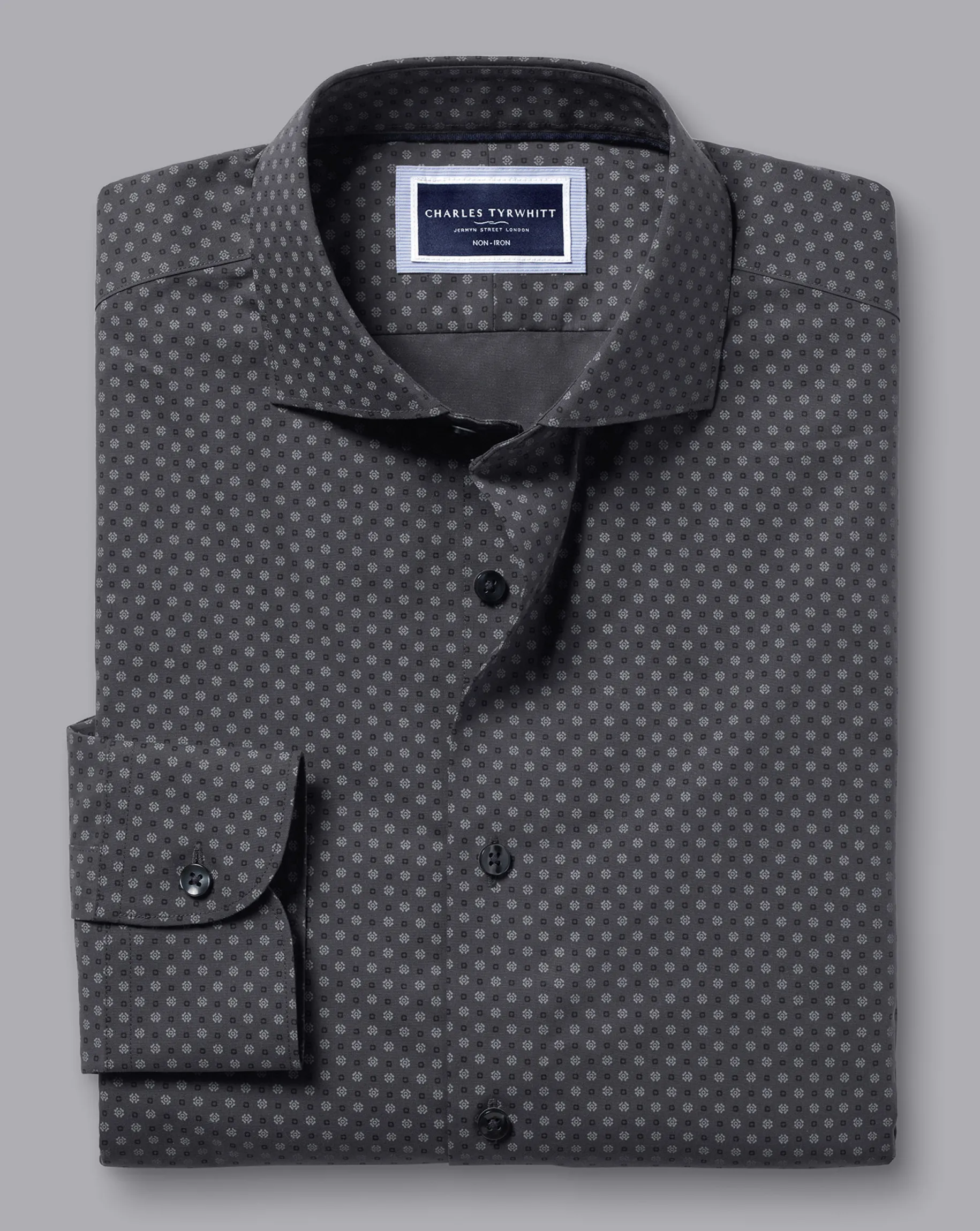 Dress Shirts|S<Charles Tyrwhitt Semi-Spread Collar Medallion Print Non-Iron Shirt - Grey Charcoal