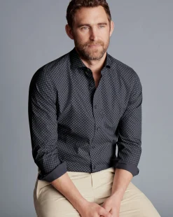 Dress Shirts|S<Charles Tyrwhitt Semi-Spread Collar Medallion Print Non-Iron Shirt - Grey Charcoal