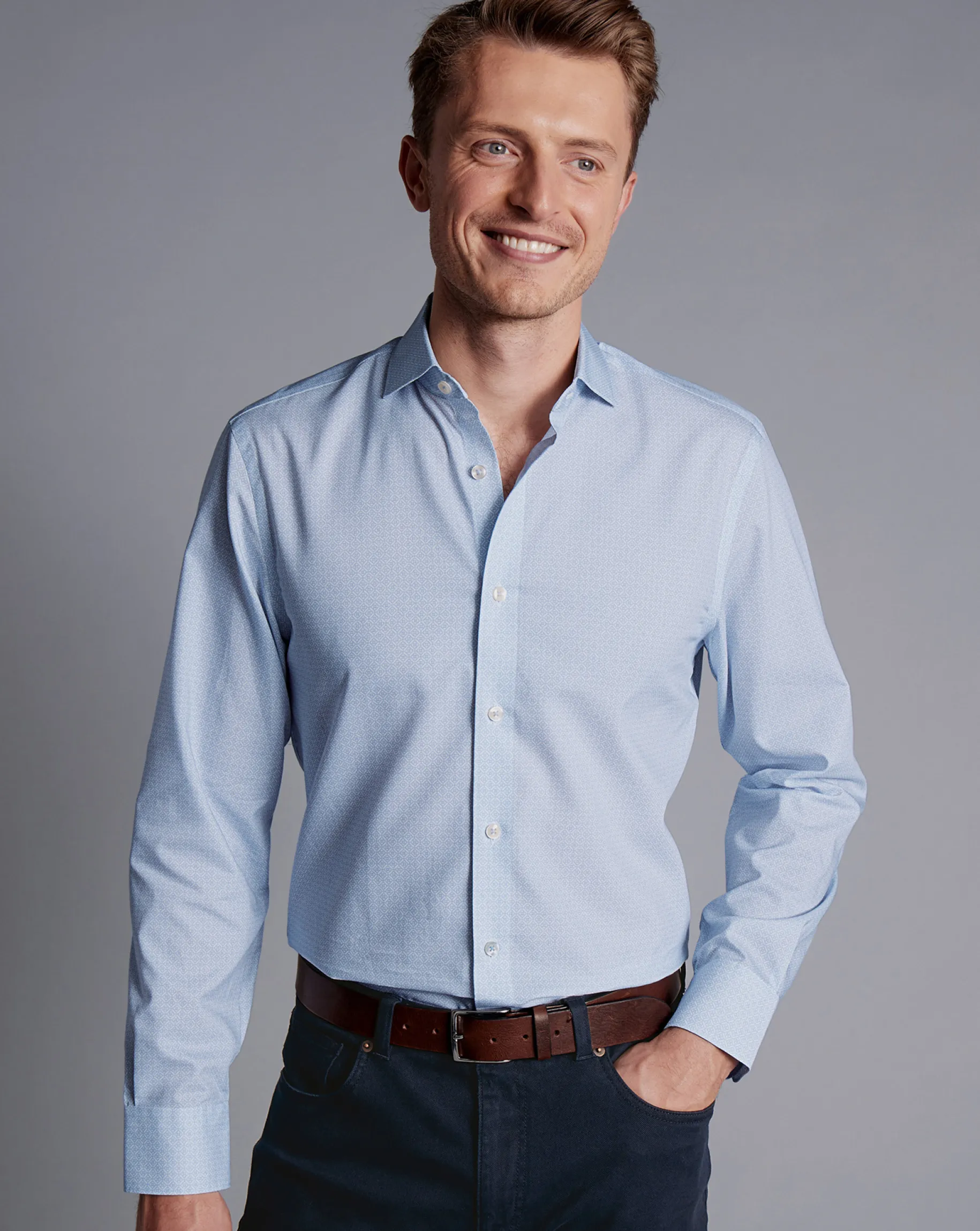 Shirt Sale|Casual Shirts<Charles Tyrwhitt Semi-Spread Collar Non-Iron Decorative Print Shirt - Blue Sky