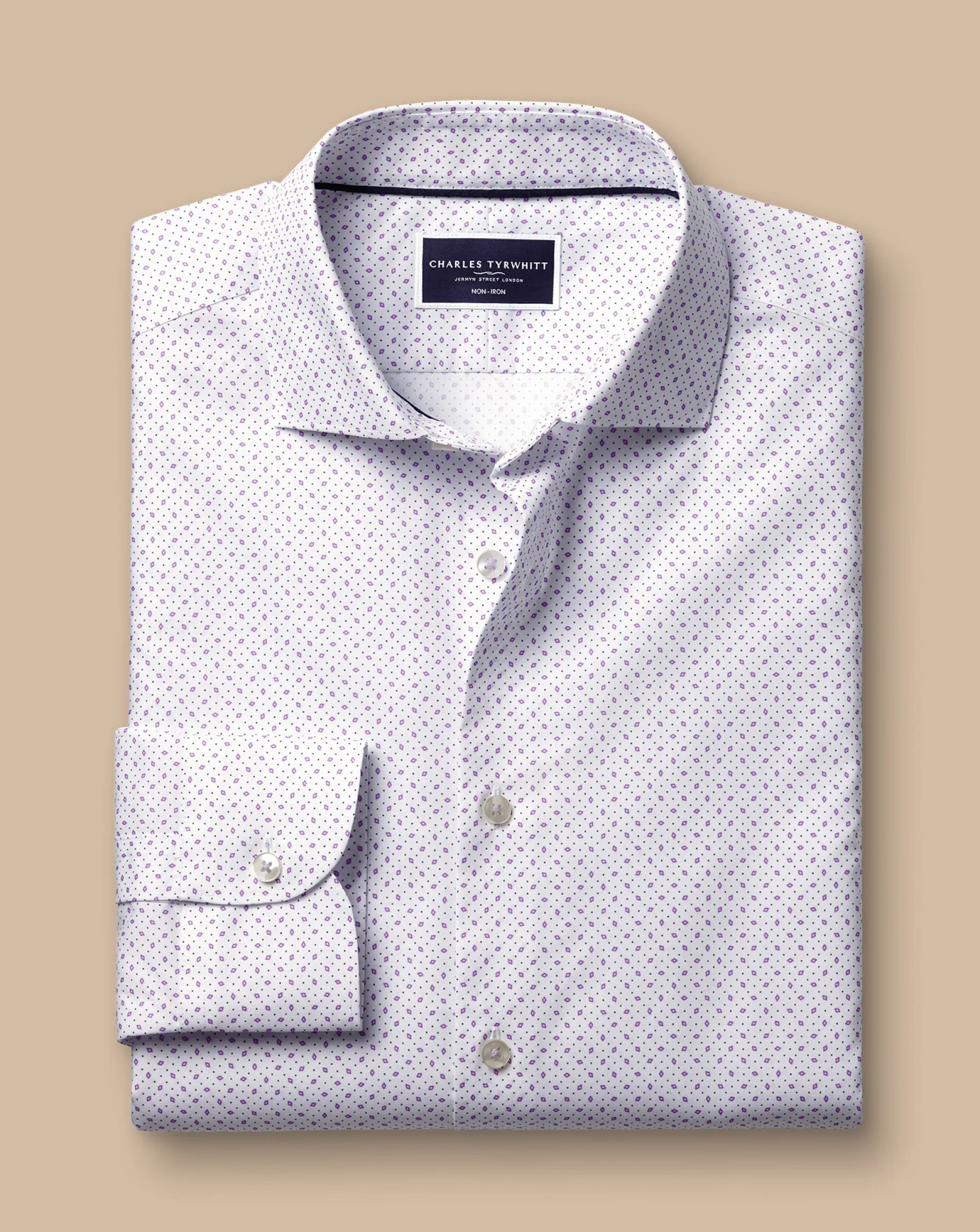 Business Casual Shirts|Casual Shirts<Charles Tyrwhitt Semi-Spread Collar Non-Iron Diamond Print Shirt - White & Lilac Purple White and Lilac