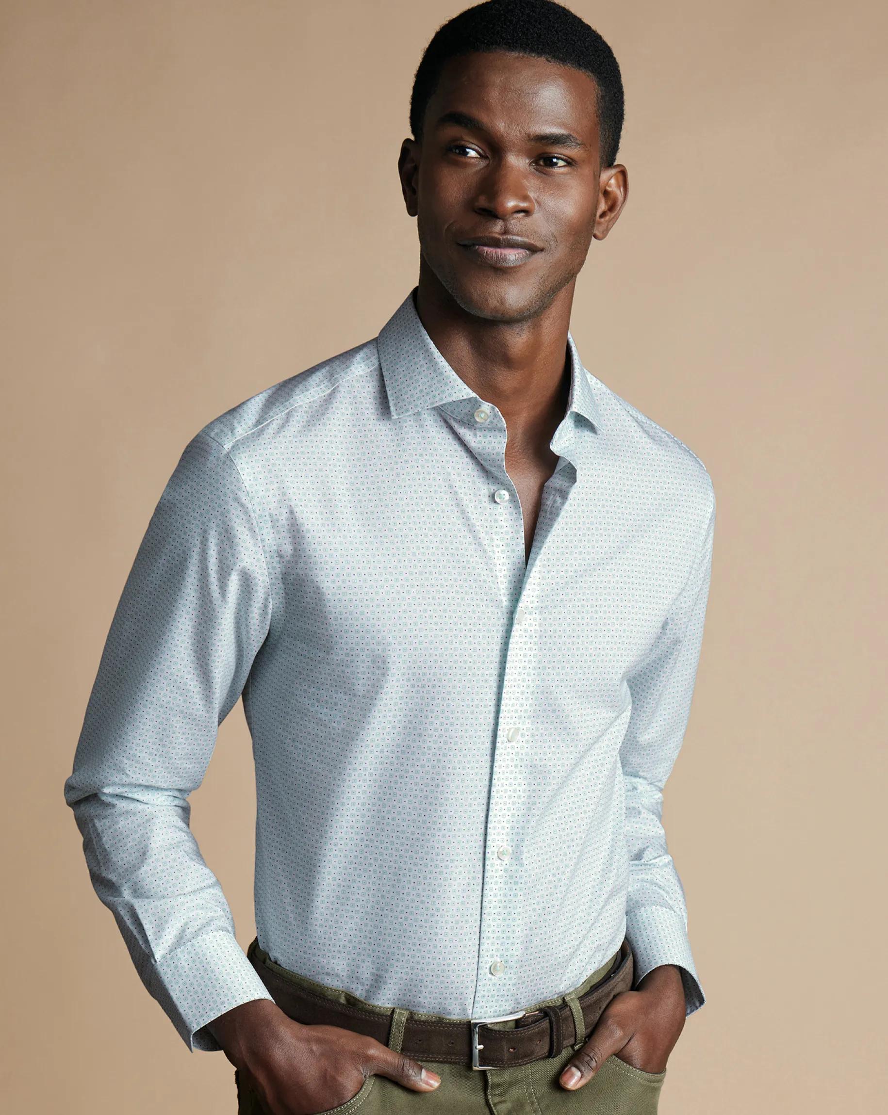 Business Casual Shirts|Casual Shirts<Charles Tyrwhitt Semi-Spread Collar Non-Iron Green Motif Print Shirt - Green Aqua
