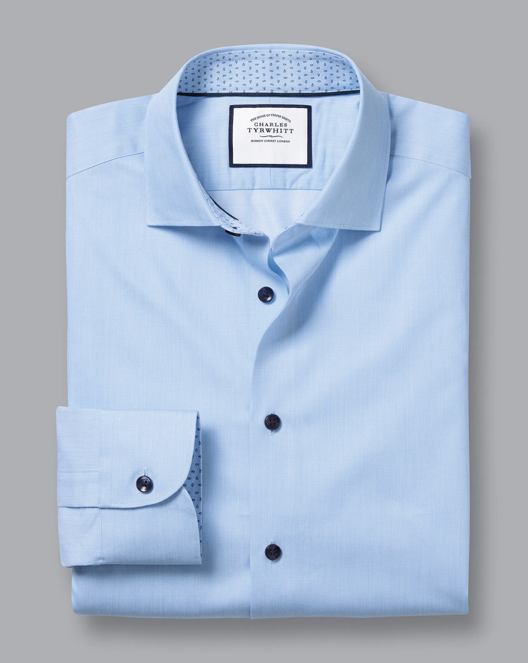 Dress Shirts|M<Charles Tyrwhitt Semi-Spread Collar Twill Printed Trim Shirt - Blue Sky