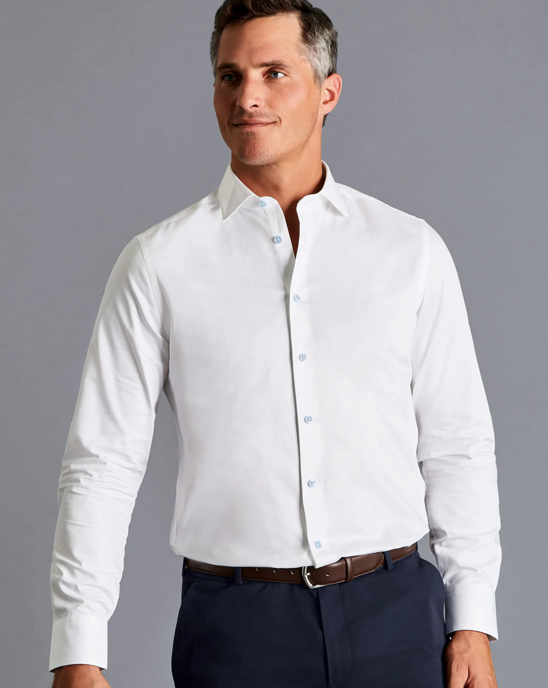 Dress Shirts|XL<Charles Tyrwhitt Semi-Spread Collar Twill Shirt with Printed Trim - White