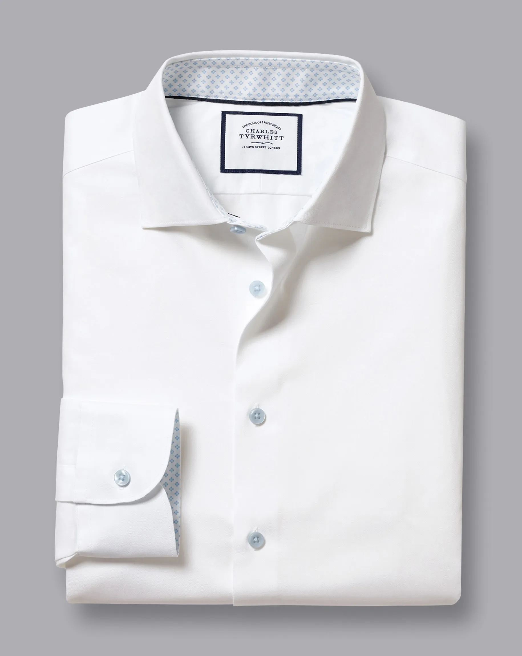 Dress Shirts|XL<Charles Tyrwhitt Semi-Spread Collar Twill Shirt with Printed Trim - White